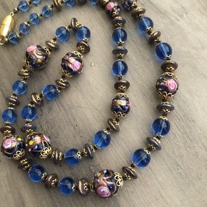Asian inspired blue/gold glass beaded necklace